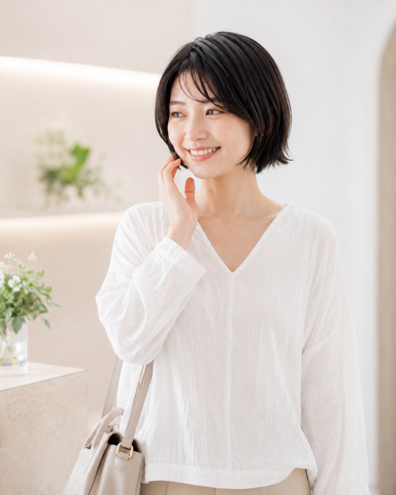セルフホワイトニング後に笑顔を見せる女性